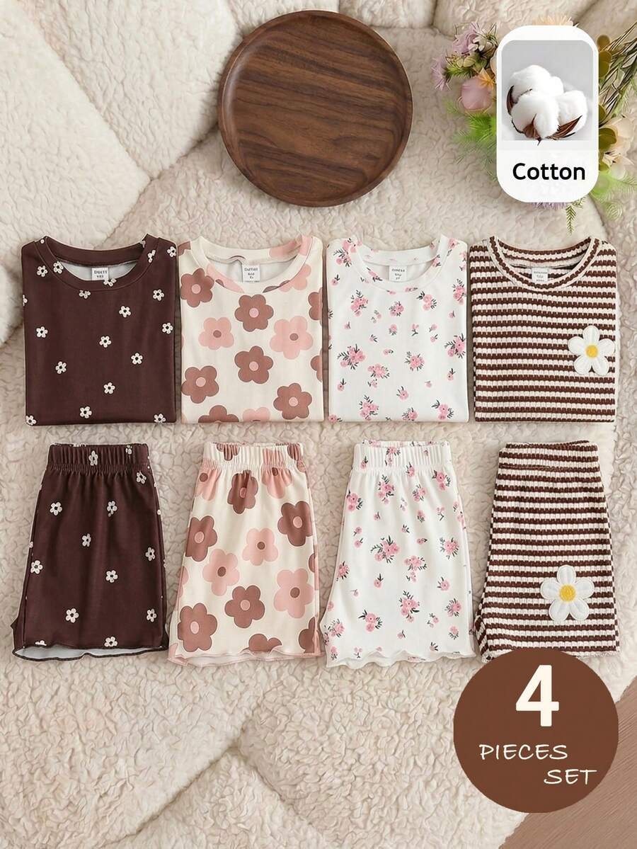 SHEIN 4 piezas Blusas de manga corta con estampado y dobladillo ondulado acanalado, lindas para niñas, verano - Multicolor - Ver 1