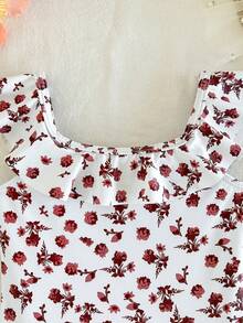 SHEIN 女嬰花卉印花荷葉邊連身泳衣，適合海灘度假、泳池派對、海灘派對 - 粉色 - 查看 5