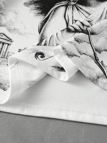ROMWE MEN Street Life Men's Loose Drop Shoulder Cropped Print T-Shirt - White - View 4
