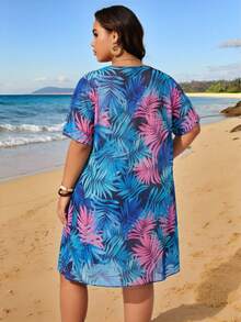 Swim Lushoire Plus Size Women's Random Print Short Sleeve Pullover Loose Long Beach Cover-Up - Multicolor - View 2