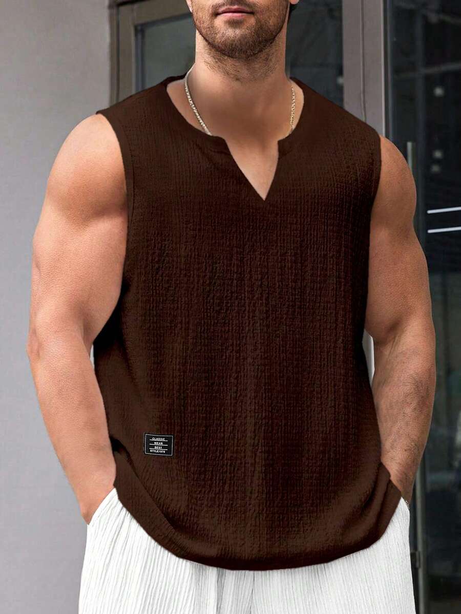 Manfinity Homme Men's Solid Color Notch V-Neck Casual Versatile Tank Top - Rust Brown - View 1