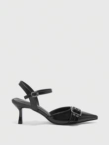 CUCCOO BIZCHIC Elegant Black Slingback Pumps For Women With Pointed Toe Buckle Accent And Kitten Heel - Black - View 2