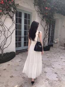 SHEIN MOD Chân váy dài Boho bèo nhún, cạp giấy, viền bèo, gấu bèo nhún - Màu be - Xem 3