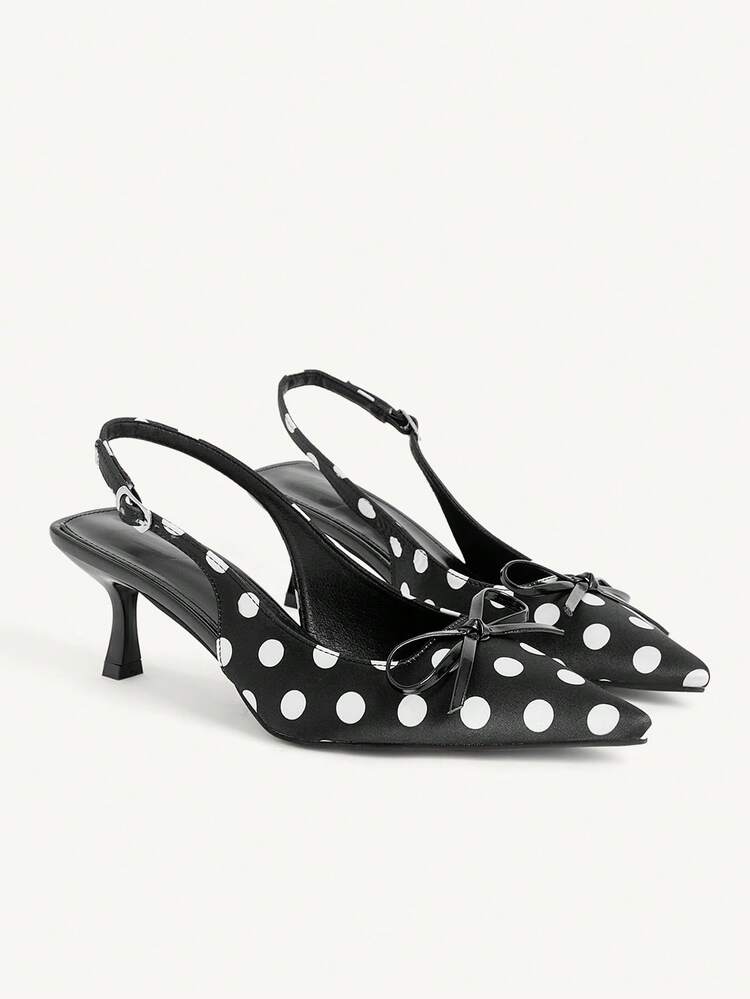 CUCCOO CHICEST White Polka Dot Satin Pointed High-Heeled Sandals On A Black Background, French Retro Sweet Element Style, Suitable For Women Who Like Sweet And Cool Girlishness, It Is Very Suitable For Daily Dating, Afternoon Tea Or Light French Clothing When Going Out On The Street Wedding Shoes Summer Shoes Bride Shoes