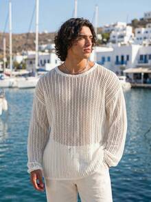 Ironwick Men Solid Open Knit Top Round Neck Long Sleeve Pullover Plain White Sweater For Boyfriend Gift, Fall - White - View 5