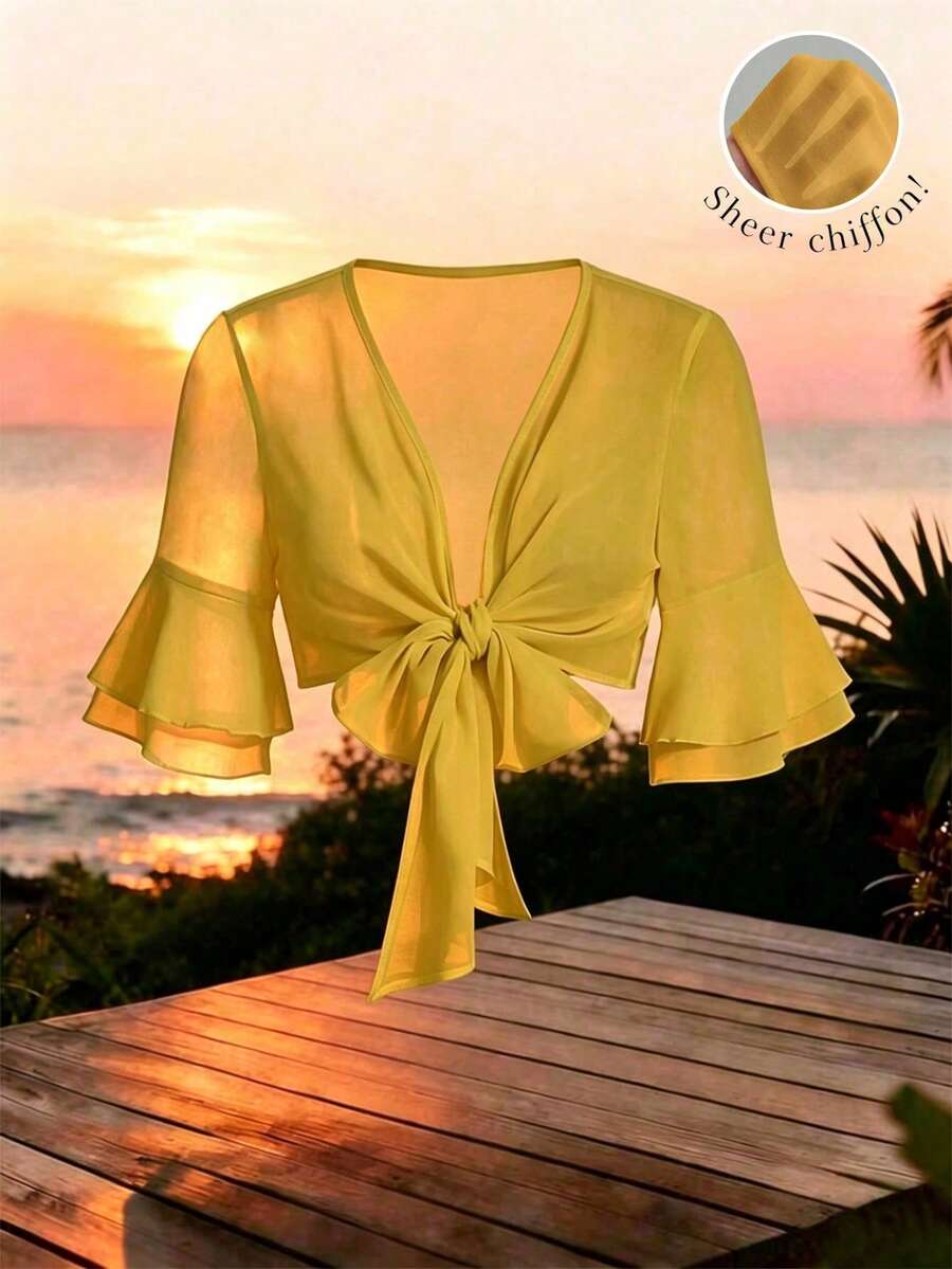 GlowEve Solid Color Knotted Casual Cropped Shirt - Yellow - View 1