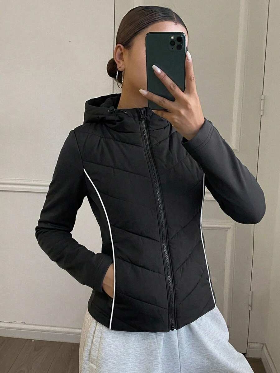 DAZY 女款秋冬修身腰拼接加厚棉外套夾克 - 黑色 - 查看 1