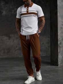 Manfinity CasualCool 男士拼色短袖 Polo 衫與長褲休閒日常穿搭套裝 - 白色 - 查看 3