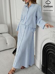 Solavon Women's Blue And White Striped Dropped Shoulder Long Sleeve Single-Breasted Shirt And Skirt Casual Modest Two Pieces Set Vacation - Blue and White - View 3