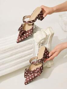 CUCCOO CHICEST Giày sandal cao gót mũi nhọn kiểu Pháp, phần trên thấp, mũi kín, dành cho nữ, kiểu dáng kitten và có nơ, gót mỏng, khóa cài. - Cà phê nâu - Xem 6