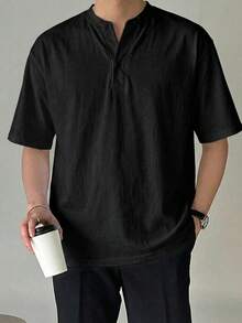 DAZY Short Sleeve Notch V-Neck T-Shirt - Black - View 5