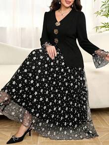 Amorya Women's Metal 3D Floral Decor Long Sleeve Top & Skirt Elegant 2 Pieces Set - Black - View 1