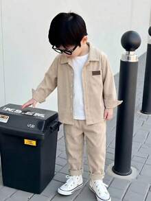 男士春/秋紳士風休閒襯衫外套與休閒長褲 2件套 - 米色 - 查看 1