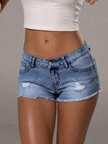 TRNVIE Fashion Casual Sexy Distressed Frayed Low Waist Denim Shorts - Medium Wash - View 3