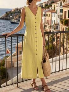 Selamara Women's Solid Color V-Neck Single-Breasted Casual Party Dress - Yellow - View 5