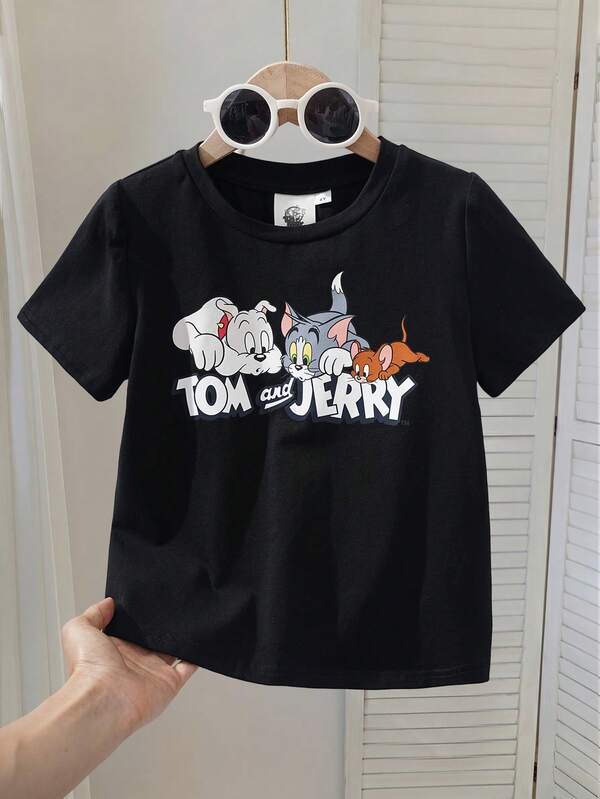 TOM & JERRY X SHEIN Young Boy Round Neck Letter Cartoon Print Casual Versatile Daily Short Sleeve T-Shirt