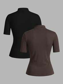 SHEIN EZwear 2件套女士半高领修身长袖打底T恤套装 - 彩色 - 查看 2