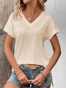 EMERY ROSE Camiseta de manga corta con cuello en V de unicolor casual, versátil para uso diario, verano - Albaricoque - View 7