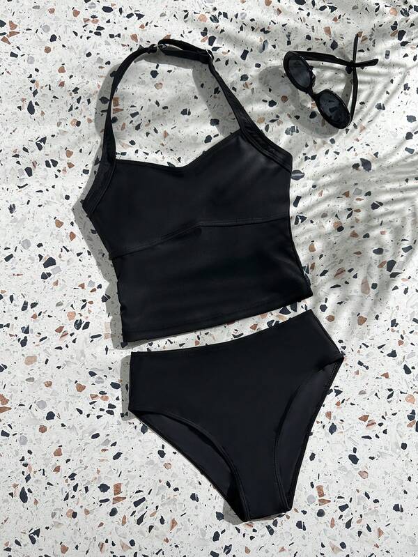SHEIN Kids Teen Girls Tankinis Summer New Black Solid Color Knit Halter Neck Tank Top Swimsuit Set, Fashion Simple Basic Versatile Style, Suitable For Swimming, Vacation, Summer Beach Wear, Children Swimwear Set, Summer Holiday