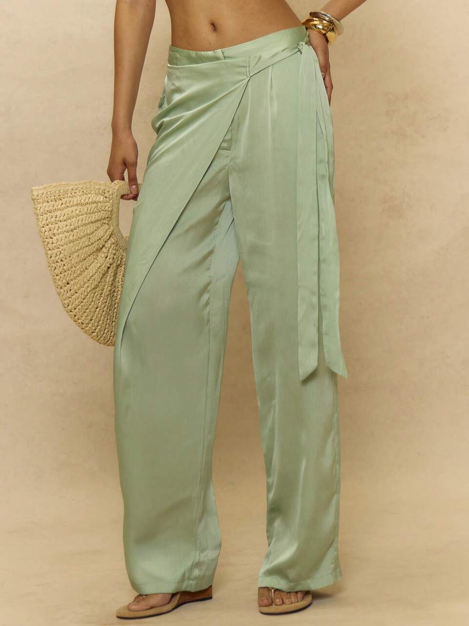 Green Satin Relaxed Draped Wrap Trousers