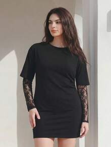 Solavibe Vestido de fiesta casual con patchwork de encaje para mujer de talla grande - Negro - View 4