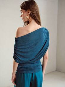 MOTF PREMIUM ASYMMETRIC SHOULDER RUCHED KNIT TOP - Teal Blue - View 6
