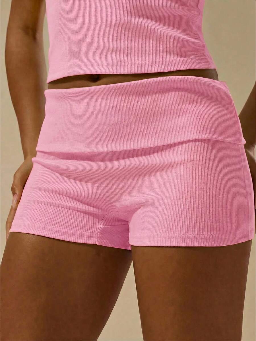 MUSERA ESSENTIALS Rib Fold Over Waist Mini Shorts Basic Spring Summer Vacation Holiday Pants - Baby Pink - View 1