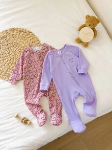 SHEIN 2件組新生女嬰套裝：愛心與圓點圖案長袖拉鍊前開式連身衣 & 柔軟服飾 - 藕粉色 - 查看 2