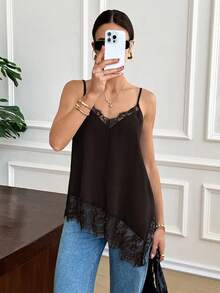 Elegant Women's Summer Camisole In Solid Color With Lace Patchwork And Side Slit - Army Green - View 3