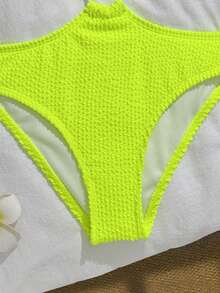 SHEIN 青少年女孩一件式泳衣，可愛黃色波浪圖案，特殊針織面料，單肩帶配中心環，褲裝款式，時尚休閒優雅，適合游泳、夏季度假、海灘、海邊、泳池、夏季假期派對、休閒度假 - 黃色 - 查看 5