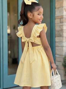 Emery Rose Kids Emery Rose Kids 女童黃色條紋夏季荷葉袖洋裝，背部蝴蝶結細節，鏤空腰部設計，可愛條紋分層太陽裙，飄逸袖與繫帶背部，適合休閒穿著，青少年女童黃白條紋短洋裝，荷葉肩與迷人背部蝴蝶結，黃色春季洋裝，青少年女童夏季復古洋裝 - 黃色 - 查看 2