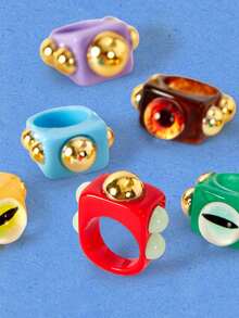 Popjeli 3 piezas 1 set de anillos cuadrados de resina personalizados con ojo de diablo, joyería de mujer de estilo punk de verano apilada y neutra, adecuada para fiestas y vacaciones - Multicolor - Ver 6