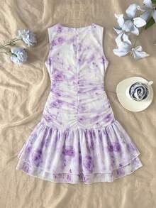 SHEIN Tween Girl Casual Elegant French Floral Ruffle 3D Flower Decor Ruched Asymmetrical Round Neck Sleeveless Fitted Short Dress, Sweet Dress, Spring Outing, Daily Street Wear - Mauve Purple - View 2