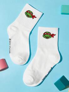 TEENAGE MUTANT NINJA TURTLES | SHEIN 4雙兒童棉質軟透吸濕管襪，忍者龜卡通圖案，加強腳趾與腳跟，耐穿，男女通用，適合四季，適用於學校與戶外活動 - 白色 - 查看 5