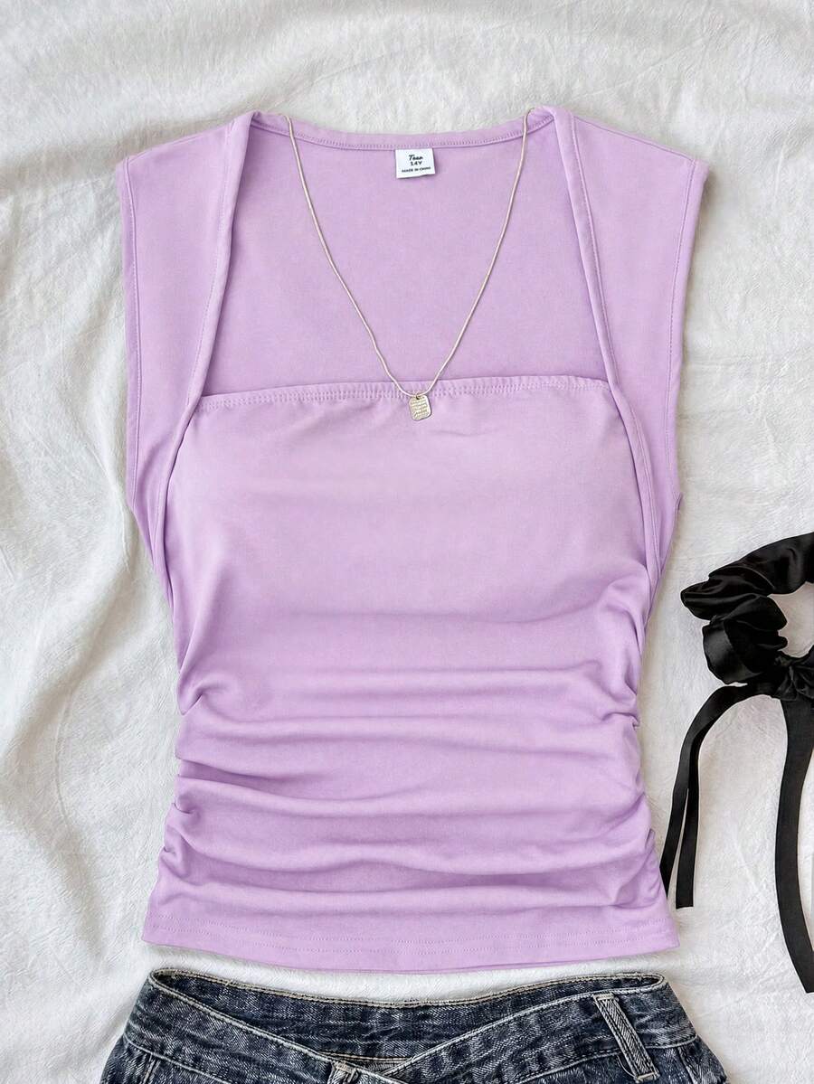 SHEIN Teen Girls T-Shirts Summer Solid Ruched Side Tank Top - Purple - View 1