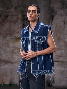 Skyrend Herren gewaschene vintage verwaschene Jeansweste, marineblau gefranste Jeansweste - Blau - Übersicht 5