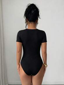 Selianne Women's Summer Casual Elegant Commuting Colorblock Textured Fabric Square Neck Bodysuit Night Out Black - Black - View 2