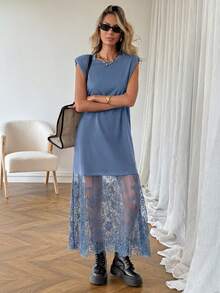 SHEIN LUNE 女款休閒素色蕾絲拼接春夏日常基本款外出通勤時尚無袖洋裝 - 霧霾藍 - 查看 4