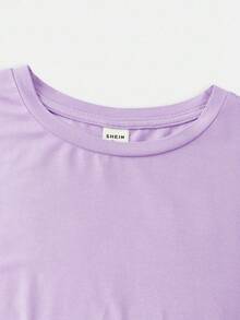 SHEIN Girlism 青少年女孩休閒日常修身淺藍色抓皺圓領上衣與腰部抓皺喇叭褲套裝 - 紫色 - 查看 4