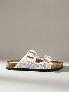 Solecia Women's Mesh Hollowed-Out Double-Button Slippers, Open-Toed Flat-Bottomed Retro Versatile And Breathable Slippers Summer - -8 net white - View 5