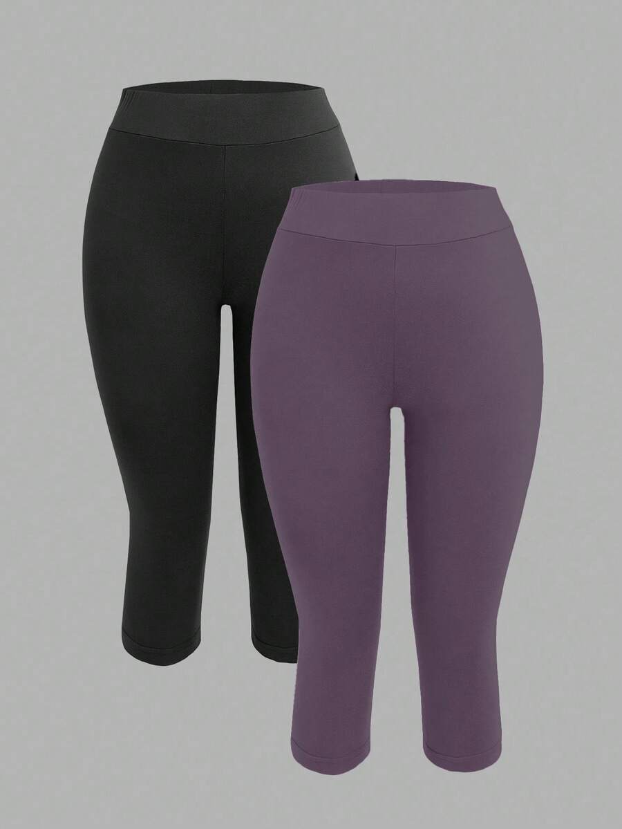 SHEIN EZwear 女款 2 件組黑色紫色七分緊身休閒內搭褲,適合夏季健身房穿著 - 彩色 - 查看 1