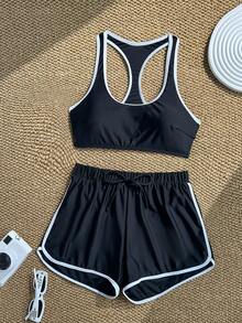 Swim SPRTY Conjunto de traje de baño para mujer 2 en 1 con top deportivo negro de color de contraste con ribete blanco y shorts, primavera/verano - Blanco y Negro - Ver 6