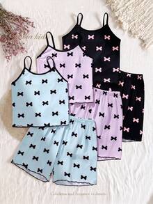 SHEIN 3-Piece Tween Girl Pajama Set Round Neck Sleeveless Spaghetti Strap Camisole Shorts Summer Black Pink Beige Bowknot Print Casual Homewear Loungewear Lightweight Breathable Polyester Smooth Fabric Lettuce Edge Wavy Trim Comfortable Relaxed Fit Stylish Modern Chic Sleepwear - Multicolor - View 4