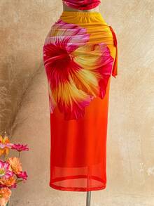 Soleia 女款花卉印花垂領荷葉邊上衣與裙子時尚兩件套，適合度假海灘，橘色、焦橘色、夏季熱帶粉色與橘色 - 彩色 - 查看 5