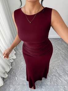 Elenzga Women's Elegant Dress, Sleeveless Round Neck A-Line Silhouette, Ruched Waist Design, Solid Color Knit Fabric - Red - View 7