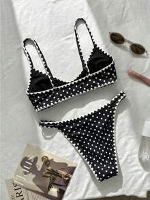 Swim Mod 棕色圓點印花荷葉邊飾可愛休閒海灘度假女款泳衣套裝 - 黑與白 - 查看 2