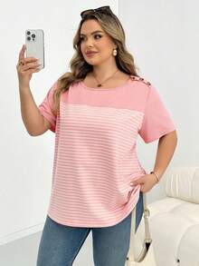 SHEIN CURVE+ 大尺碼女款撞色條紋拼接T恤 - 粉色 - 查看 8