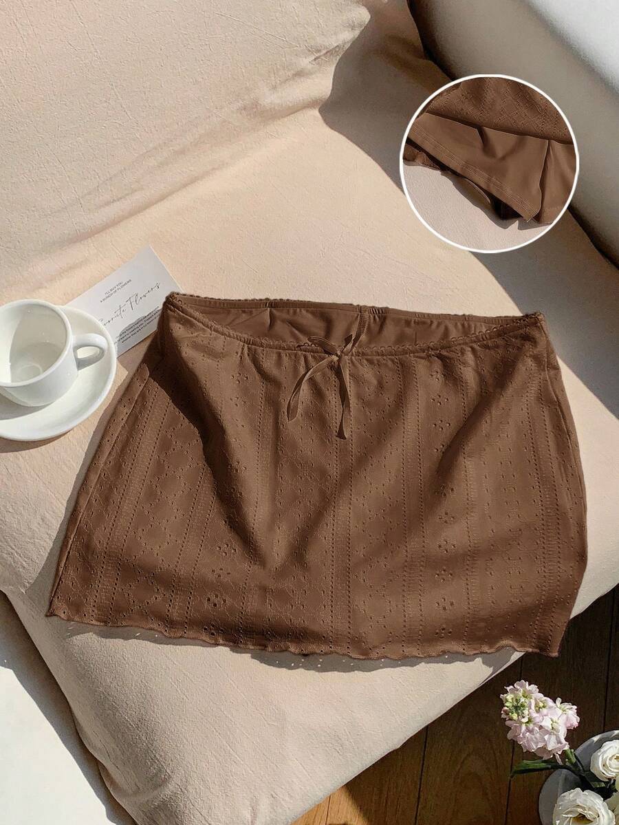 Comfortcana 夏季休閒度假風白色紋理低腰迷你裙 - 棕色 - 查看 1