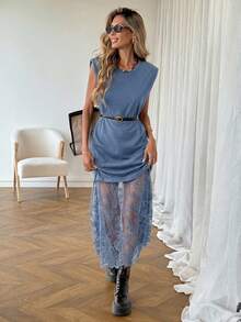 SHEIN LUNE 女款休閒素色蕾絲拼接春夏日常基本款外出通勤時尚無袖洋裝 - 霧霾藍 - 查看 5