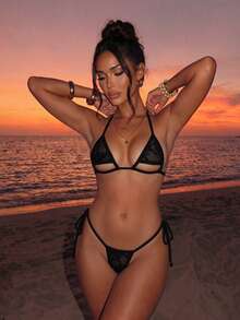 Swim SXY Lace Black Swimwear Set For Summer Holiday,High-Neck Triangle Bandage Two Pieces Combination,Valentine's Day Party Beach Party Pool Gathering - Black - View 1